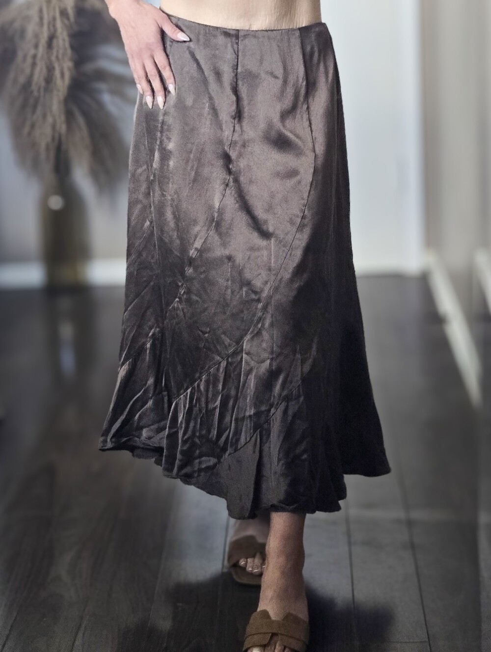WinterSilks Vintage 100% Silk Brown Midi Skirt Size L Bohemian Summer Western